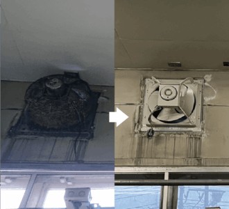 老朽化した有圧扇を新しくし、工場内の給排気をスムーズに